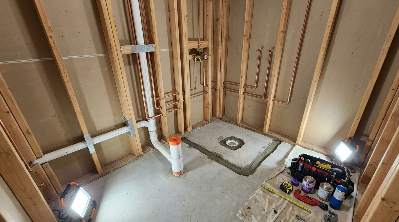 Bathroom rough-in plumbing during remodel by Johns Plumbing LLC in Black Creek