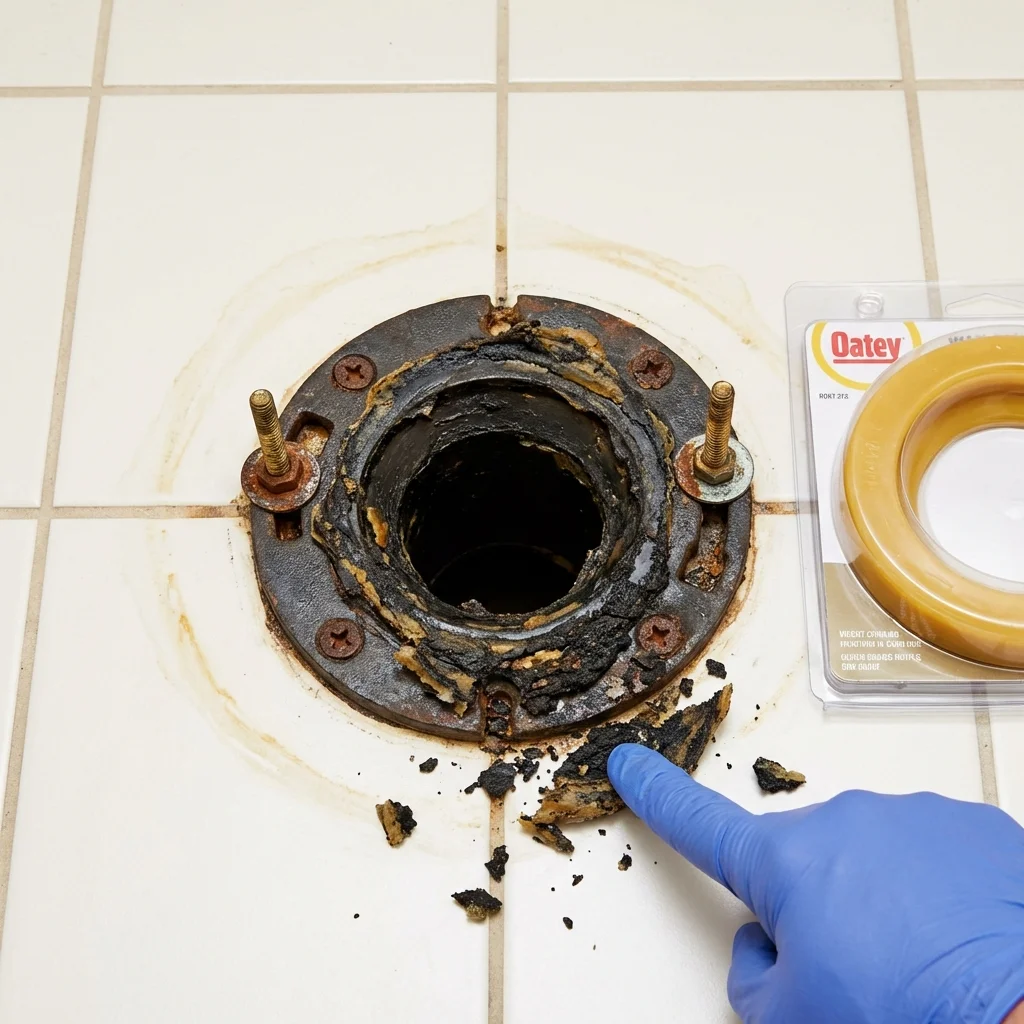 Failed wax ring showing water seepage at the base of a toilet in a Black Creek, WI home