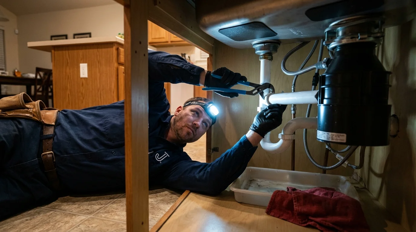 P-trap and supply line connections under a kitchen sink showing a common leak point in Black Creek, WI